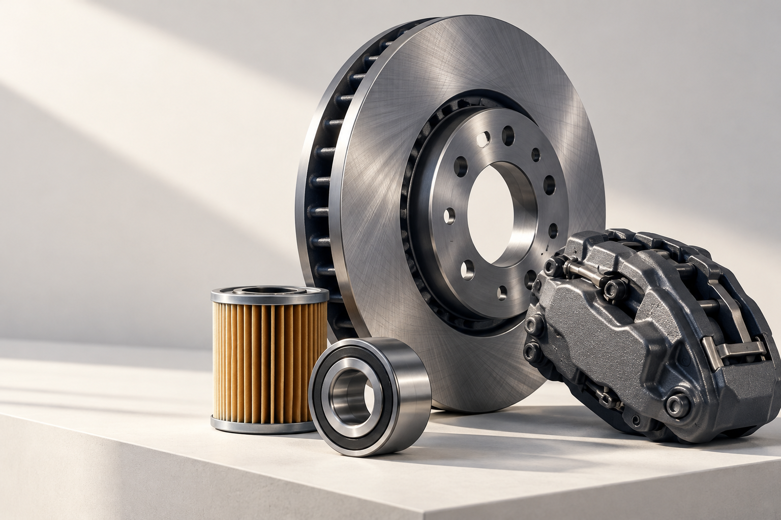 Illustrative arrangement of automotive brake components, a filter and a bearing